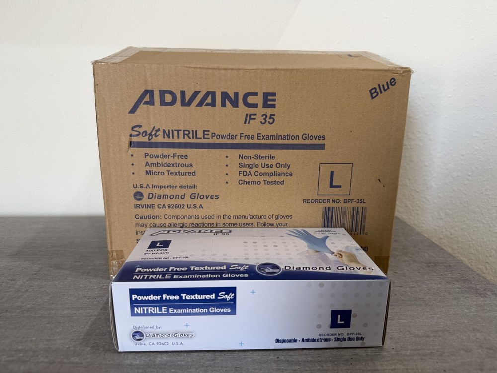 Advance IF35 Exam Powder Free Blue Nitrile Gloves, Size Large, Case of 10 Boxes